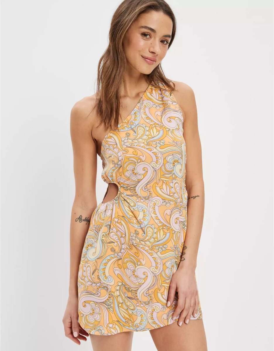 Mini Robe American Eagle AE Paisley One Shoulder Cut-Out Orange Femme | ZSW-24427469